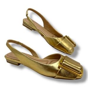 FRANCO SARTO Tracy Gold Metallic Slingback Flats Square Toe Buckle Detail Shoe 7